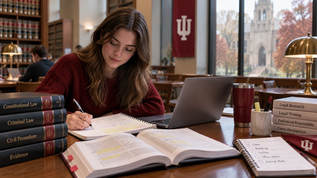 A law student highlights a casebook at a table stacked with legal texts and a laptop in the law library
