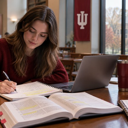 A law student studying casebooks at a table in the law library